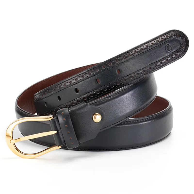 Lapis Bard Sullivan Belt Gold plated 35mm Buckle with Brogue on Two tone Leather Strap - Deep Navy
