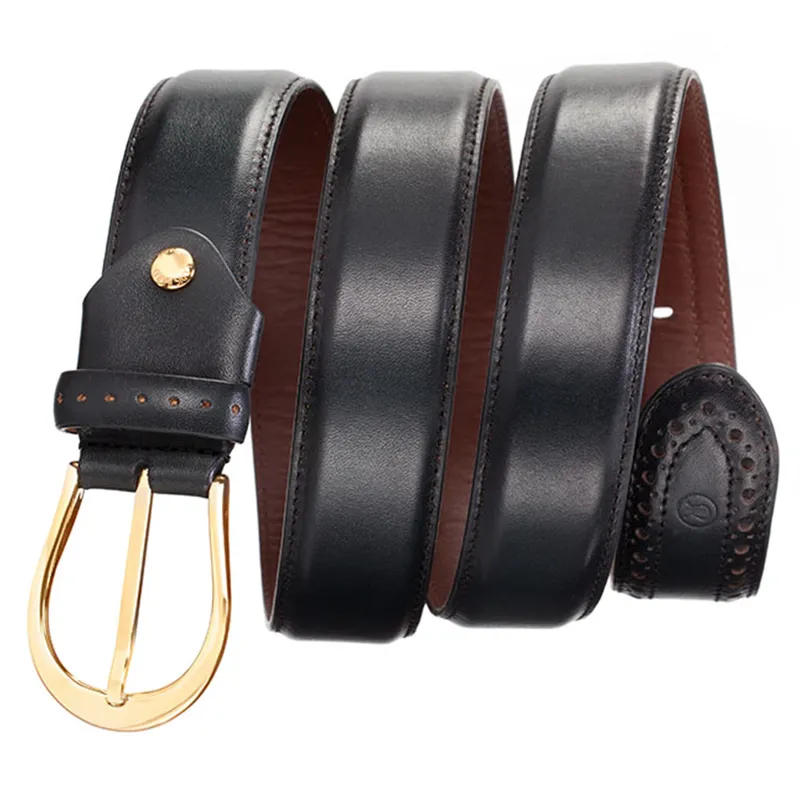 Lapis Bard Sullivan Belt Gold plated 35mm Buckle with Brogue on Two tone Leather Strap - Deep Navy