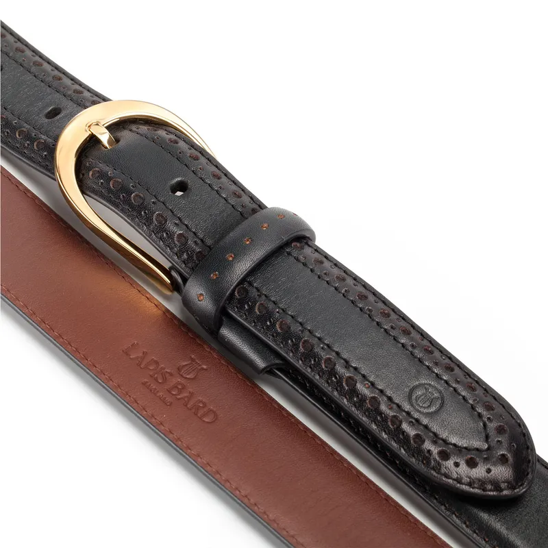 Lapis Bard Sullivan Belt Gold plated 35mm Buckle with Brogue on Two tone Leather Strap - Deep Navy