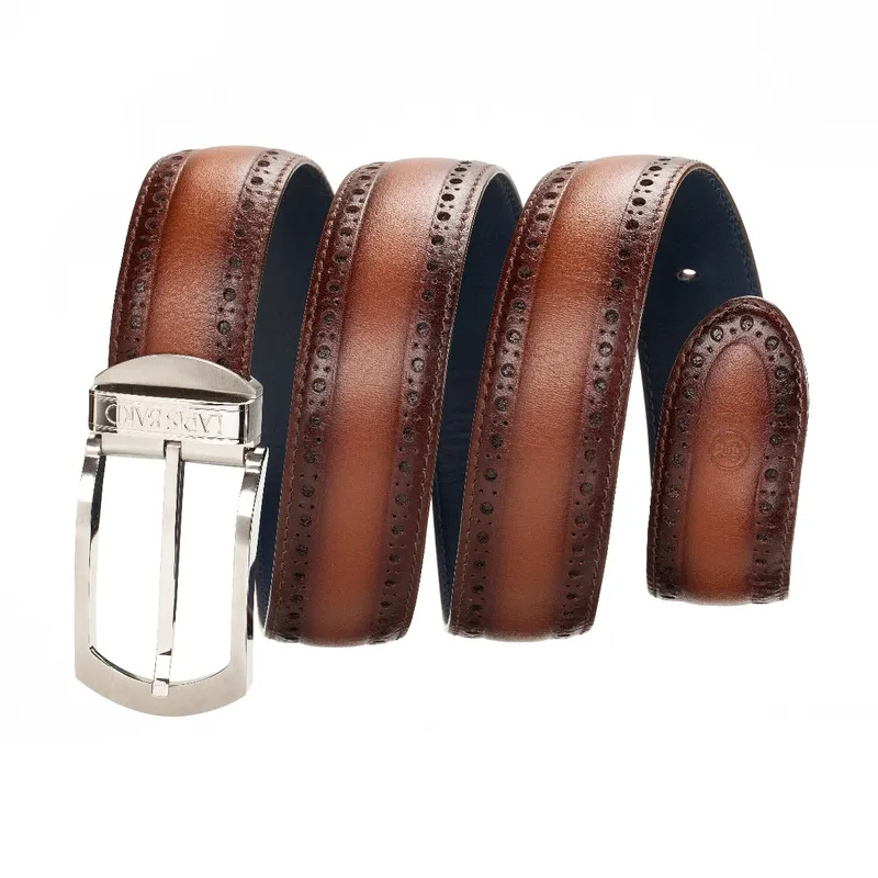 Lapis Bard Ducorium Southwark Belt 35mm Palladium Plated Buckle with Brogue on Two tone Leather Strap - Cognac
