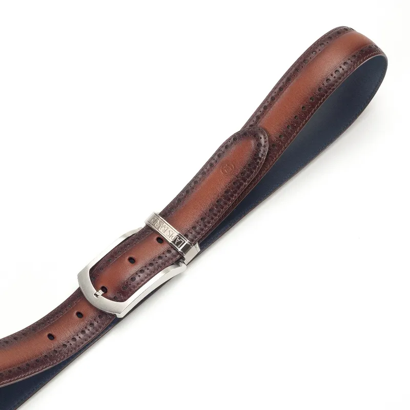 Lapis Bard Ducorium Southwark Belt 35mm Palladium Plated Buckle with Brogue on Two tone Leather Strap - Cognac