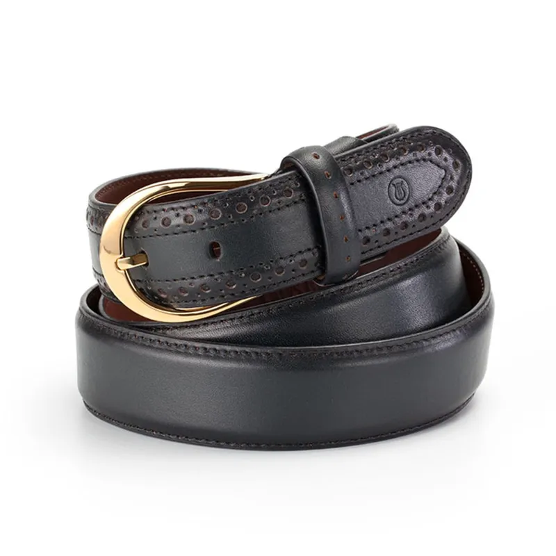 Lapis Bard Sullivan Belt Gold plated 35mm Buckle with Brogue on Two tone Leather Strap - Deep Navy
