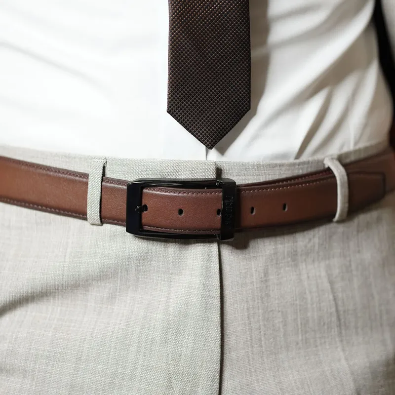 Lapis Bard Avant Garde Knightsbridge Belt IP Matt Black 35mm Buckle with Leather Strap - Cinnamon brown