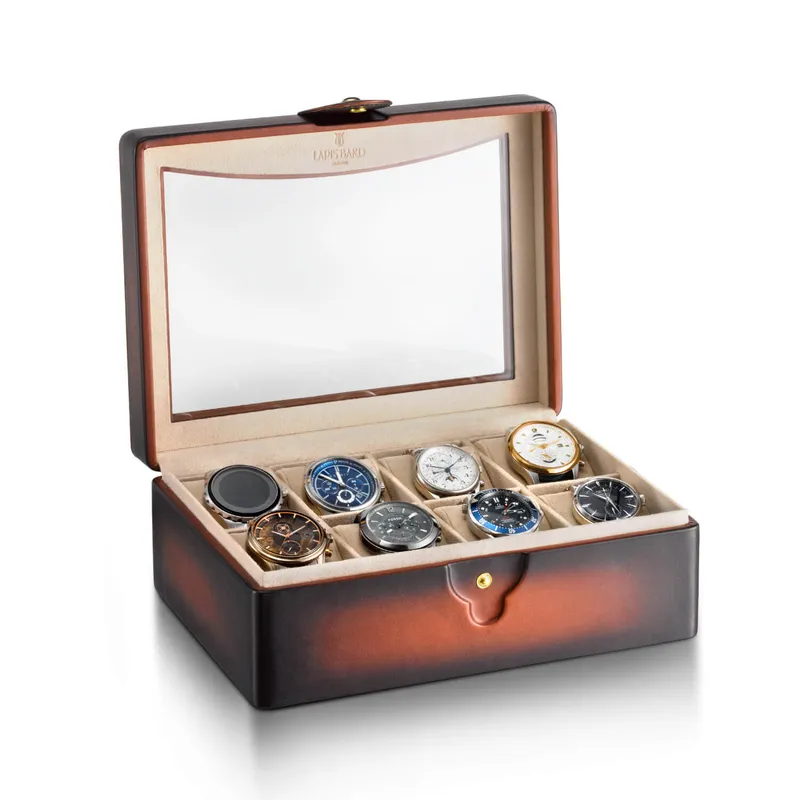 Lapis Bard Conrad Dual-Tone Watch Case with Plexiglass Top (8 Watch Capacity) - Cognac