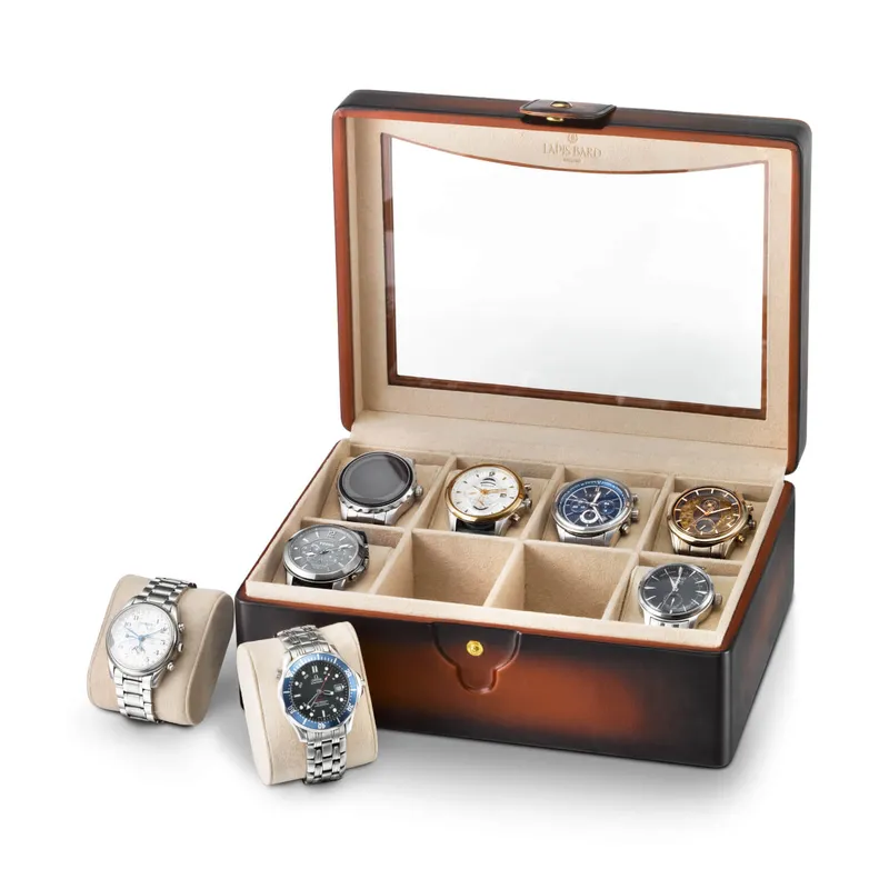 Lapis Bard Conrad Dual-Tone Watch Case with Plexiglass Top (8 Watch Capacity) - Cognac