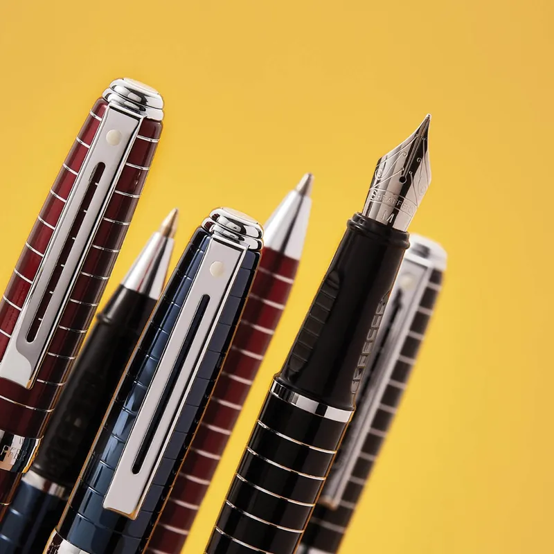 Sheaffer 9165 Prelude Lacquer Ballpoint Pen - Red with Chrome-Plated Horizontal Line Engravings and Trim