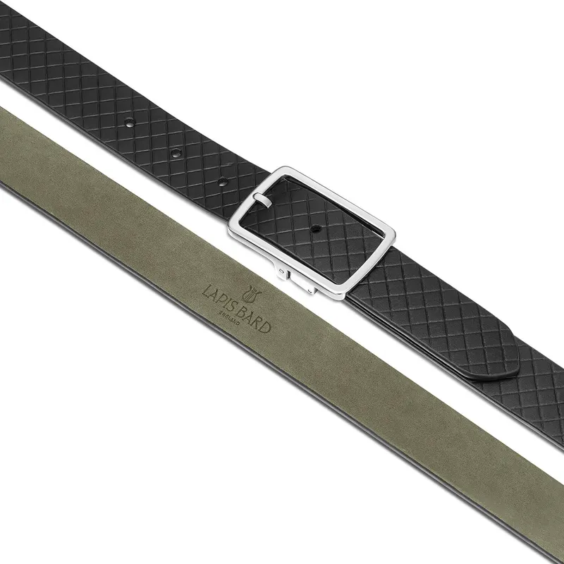 Lapis Bard Embossed Leather Wellington Belt with Chrome Buckle - Black