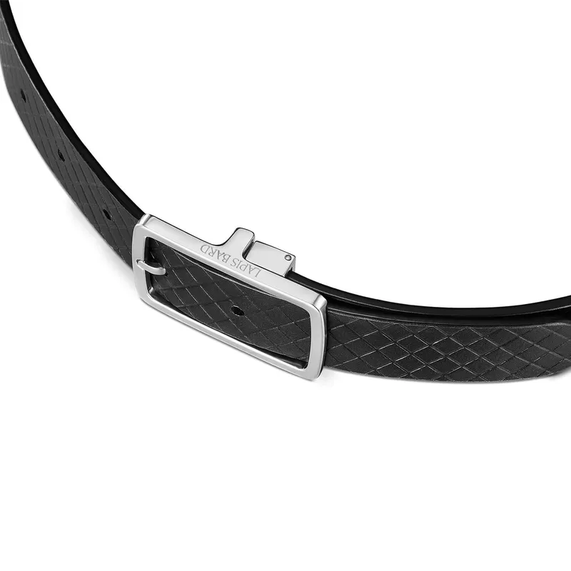 Lapis Bard Embossed Leather Wellington Belt with Chrome Buckle - Black