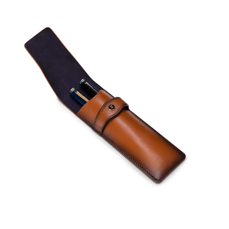 Lapis Bard Classic Leather Two Pen Pouch - Brown
