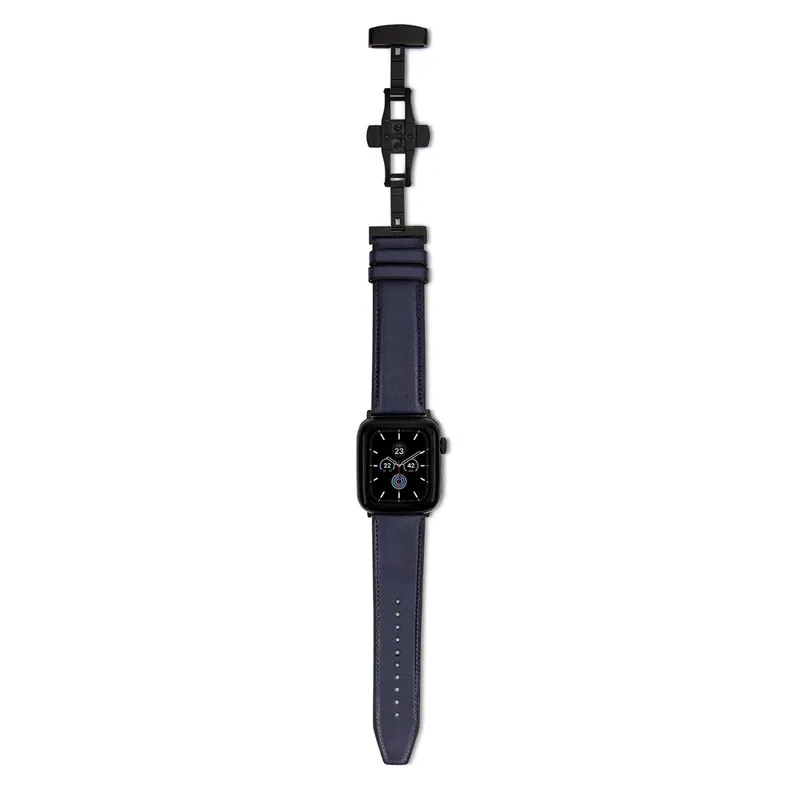 Lapis Bard Classic Leather Apple Watch Strap with Deployment - Navy Blue