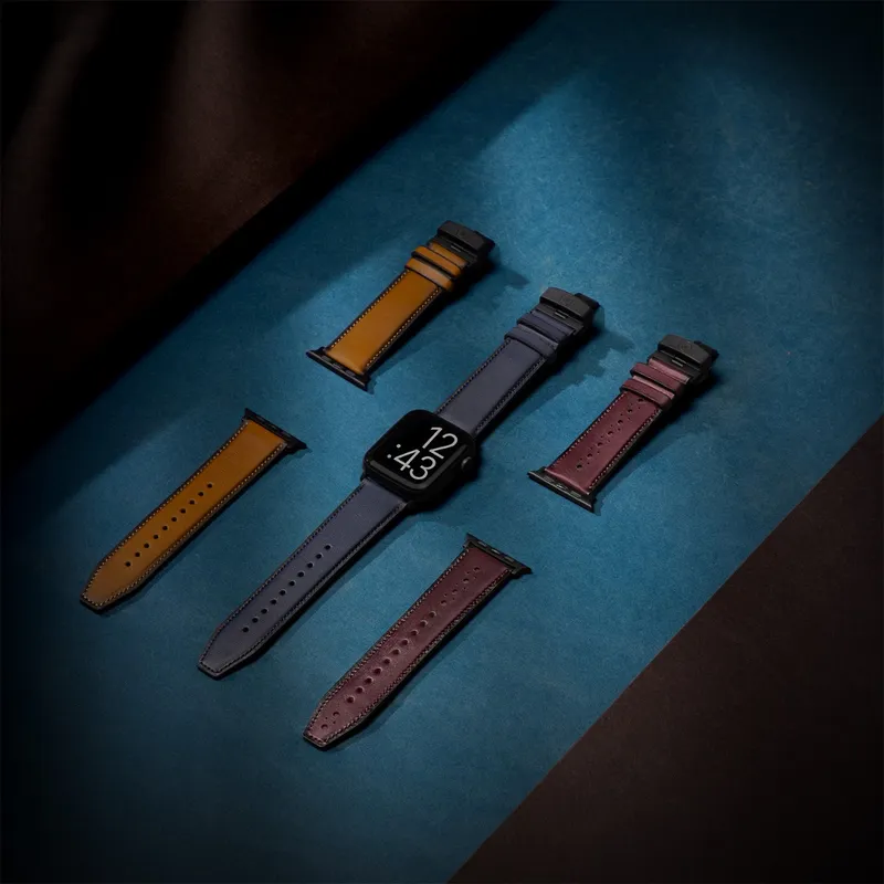 Lapis Bard Classic Leather Apple Watch Strap with Deployment - Navy Blue