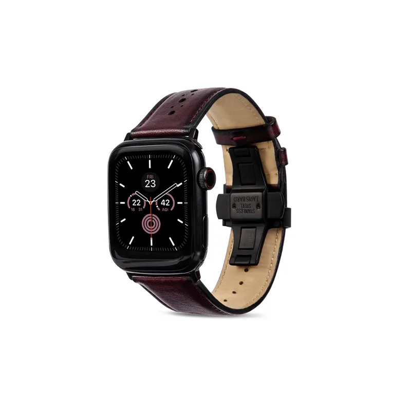 Lapis Bard Classic Leather Apple Watch Strap with Deployment - Bordeaux