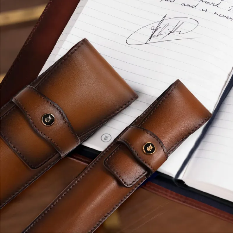 Lapis Bard Classic Leather Two Pen Pouch - Brown