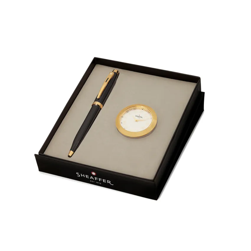 Sheaffer Gift Set 100 Ballpoint Pen with Table Clock  Glossy Black with Gold Trims