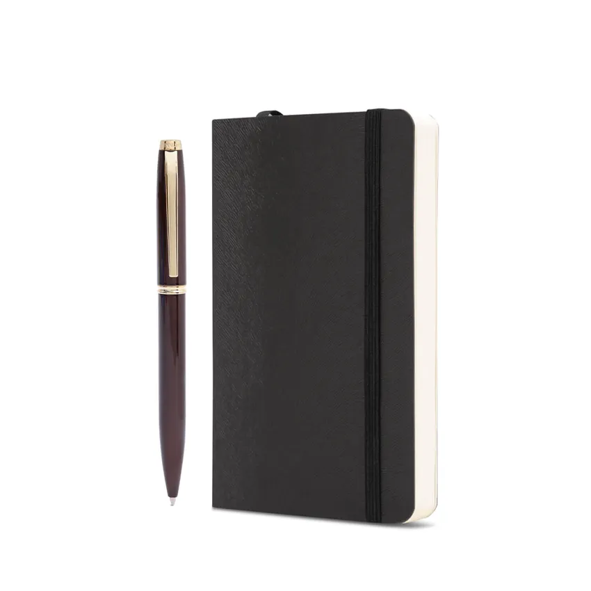 Giftset Pennline Atlas Gloss Brown Pen With Gold Trim Ballpoint Pen And Softbound A6 Notebook