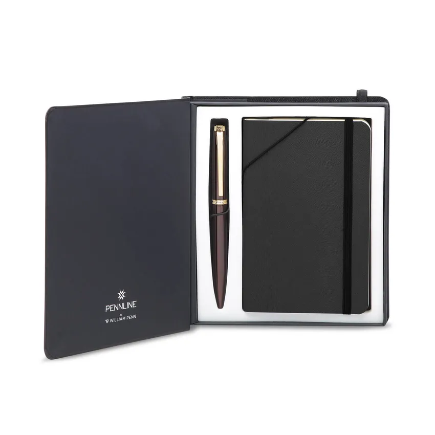 Giftset Pennline Atlas Gloss Brown Pen With Gold Trim Ballpoint Pen And Softbound A6 Notebook