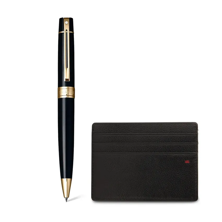 Sheaffer Gift Set 300 Ballpoint Pen with Credit Card Holder  Glossy Black with Gold Trims