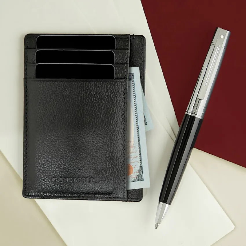 Sheaffer Gift Set 300 Ballpoint Pen with Credit Card Holder  Glossy Black with Gold Trims