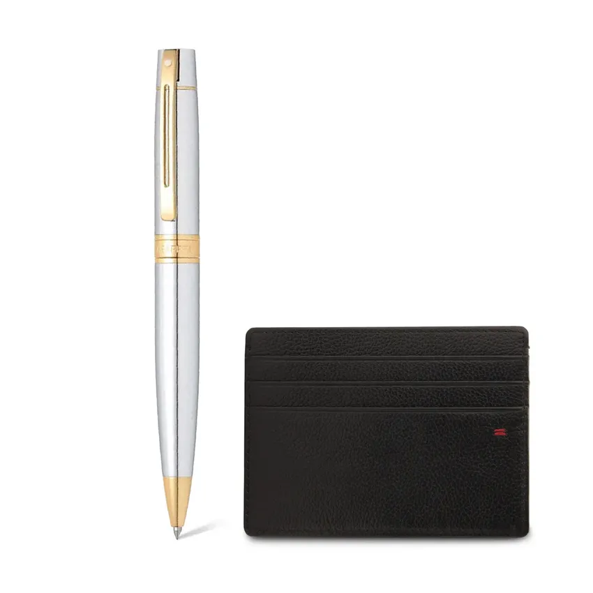 Sheaffer Gift Set 300 Ballpoint Pen with Credit Card Holder  Bright Chrome with Gold Trims