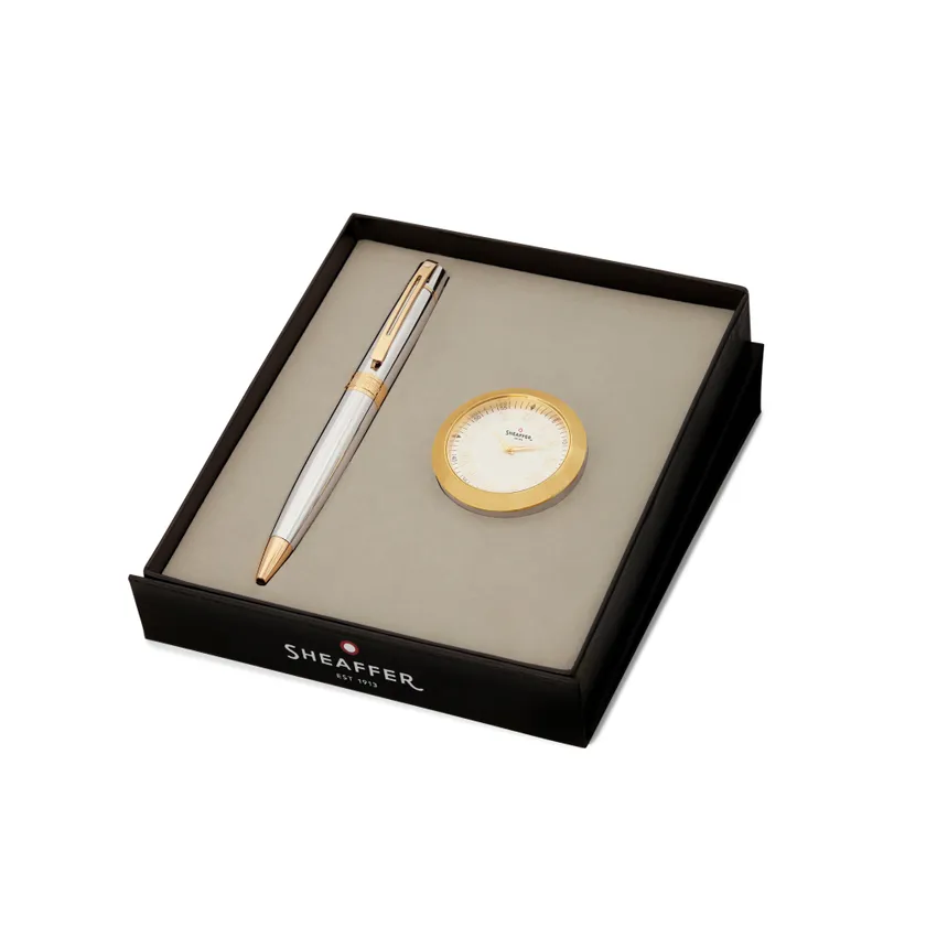 Sheaffer Gift Set 300 Ballpoint Pen with Table Clock  Bright Chrome with Gold Trims