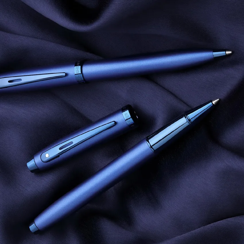 Sheaffer 100 9371 Satin Blue Ballpoint Pen With PVD Blue Trim