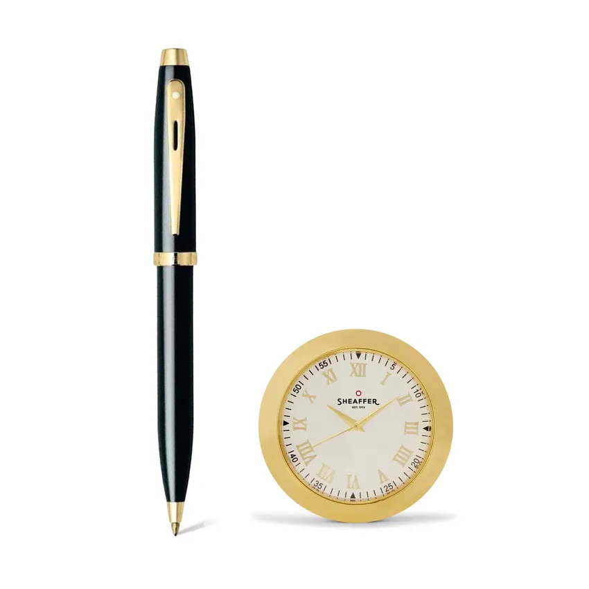 Sheaffer Gift Set 100 Ballpoint Pen with Table Clock  Glossy Black with Gold Trims