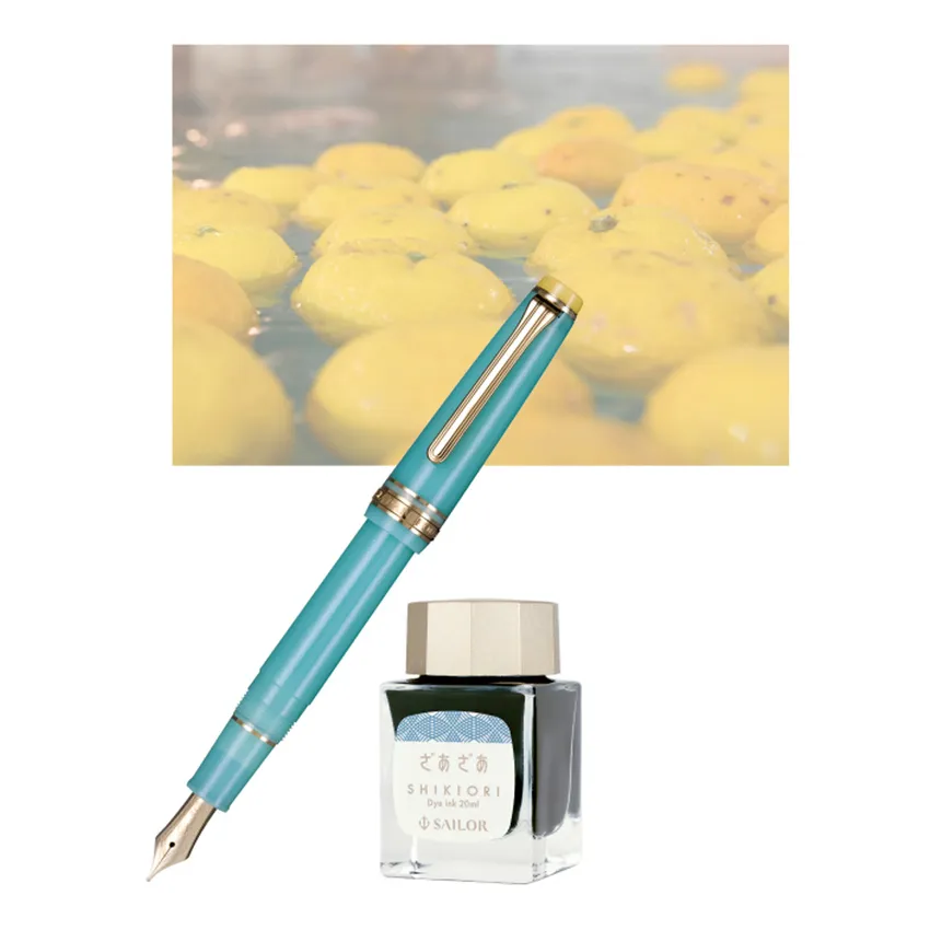 Sailor Gift Set Solar Term 'Yuzuyu' Professional Gear Slim Fountain Pen (14K Medium) With 20 ml Shikiori Ink Bottle - Blue With Gold Trims