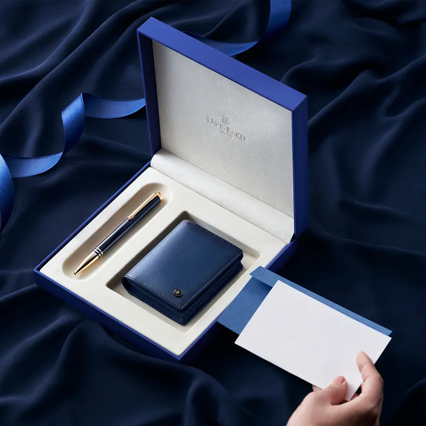 Lapis Bard Gift Set Torque Ballpoint Pen with Ducorium Business Card Holder - Blue with Gold Trims