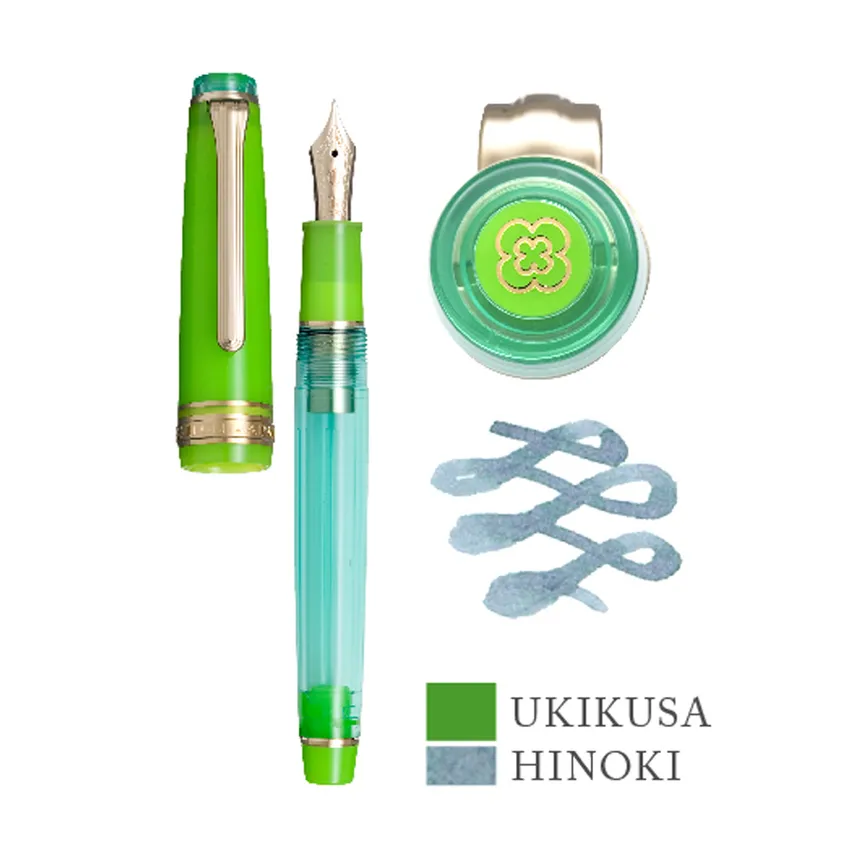 Sailor Gift Set Manyo II 'Grass' Professional Gear Slim Fountain Pen (14K Medium) With Manyo Ink 50 ML - Green With Gold Trims