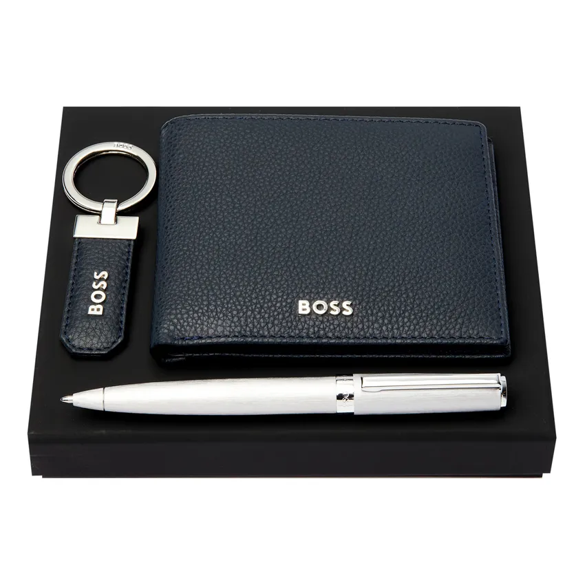 Hugo Boss Set Ballpoint Pen And Keyring And Wallet With Flap Iconic Navy