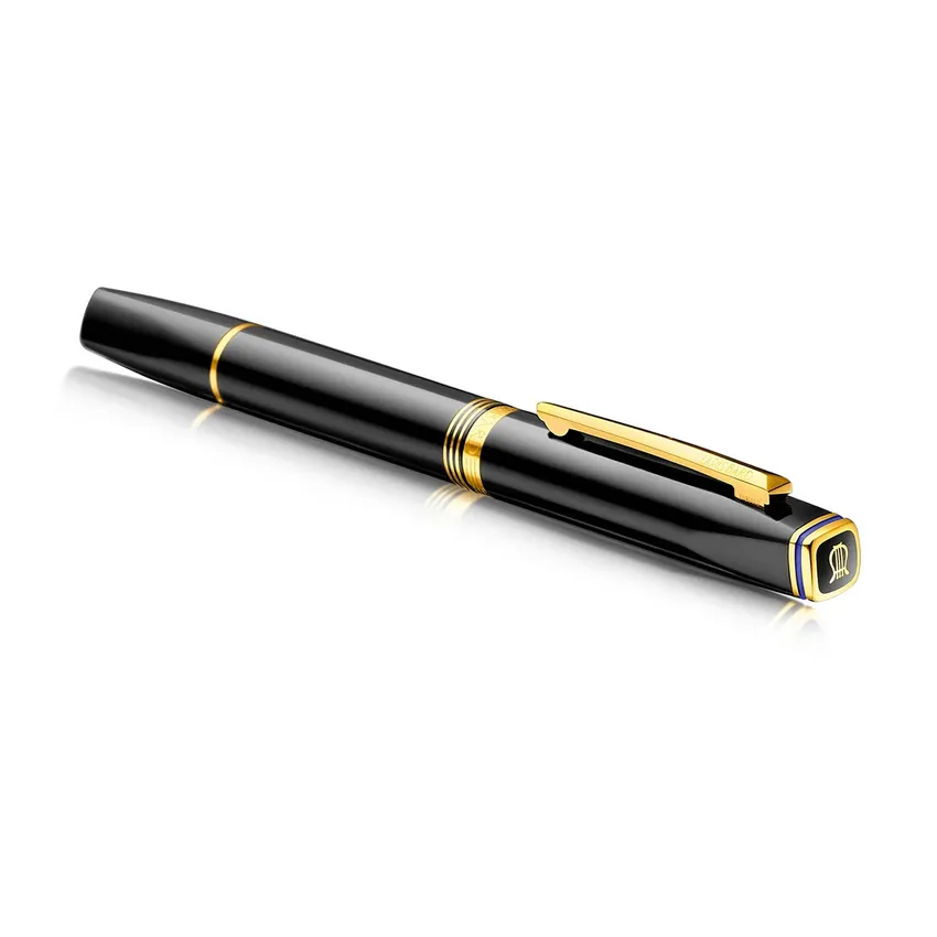 Lapis Bard Gift Set Contemporary Rollerball Pen with Timekeeper - Black with Gold Trims