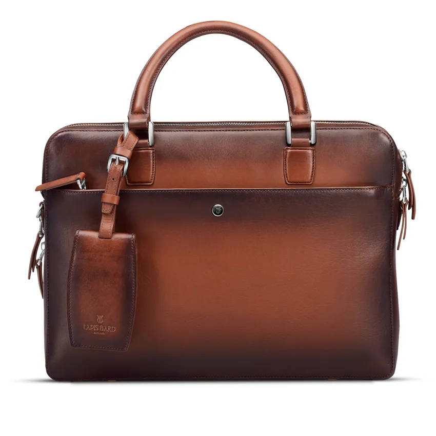 Lapis Bard Ducorium Leather Chester Slim 14-inch Chrome Trims Laptop Business Bag - Cognac