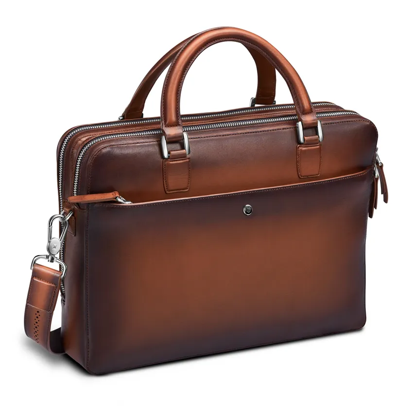 Lapis Bard Ducorium Leather Chester Slim 14-inch Chrome Trims Laptop Business Bag - Cognac