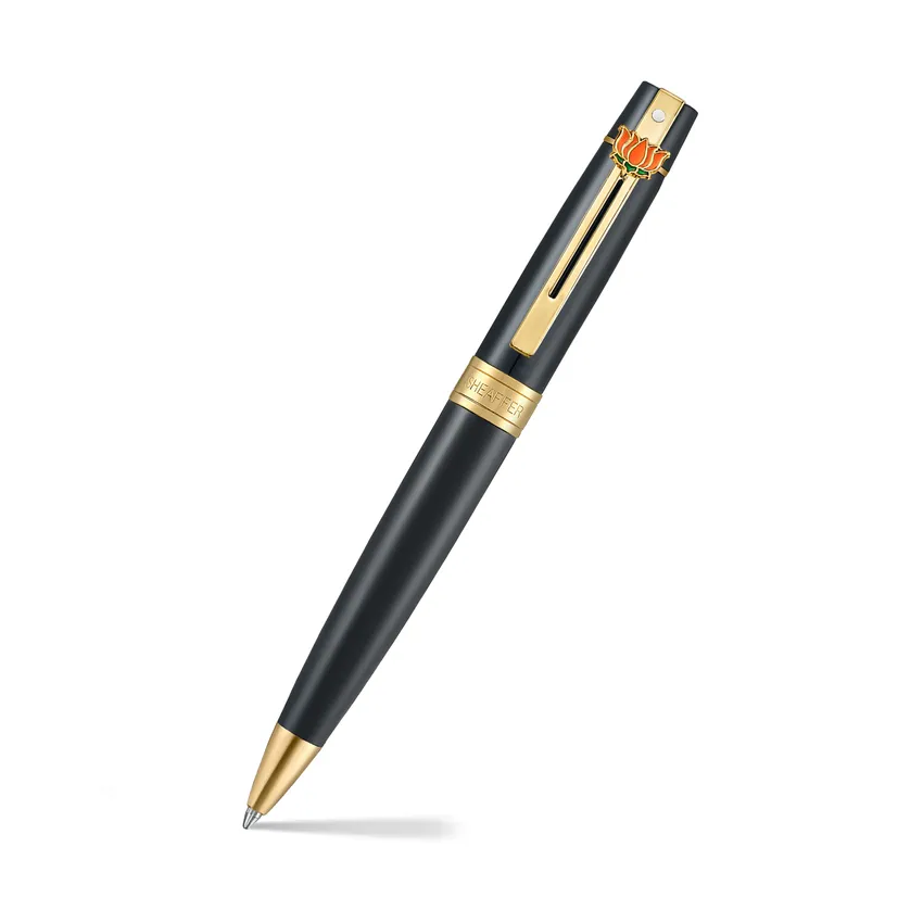 Sheaffer 300 9325 Glossy Black Ballpoint Pen With Gold Trim and Lotus Emblem