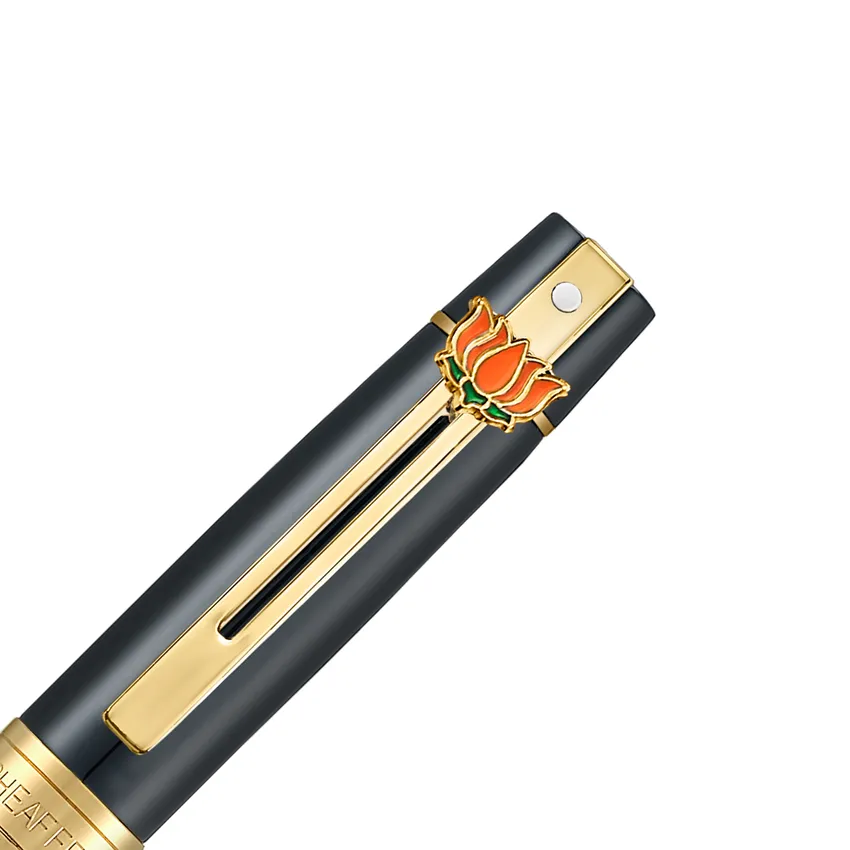 Sheaffer 300 9325 Glossy Black Ballpoint Pen With Gold Trim and Lotus Emblem