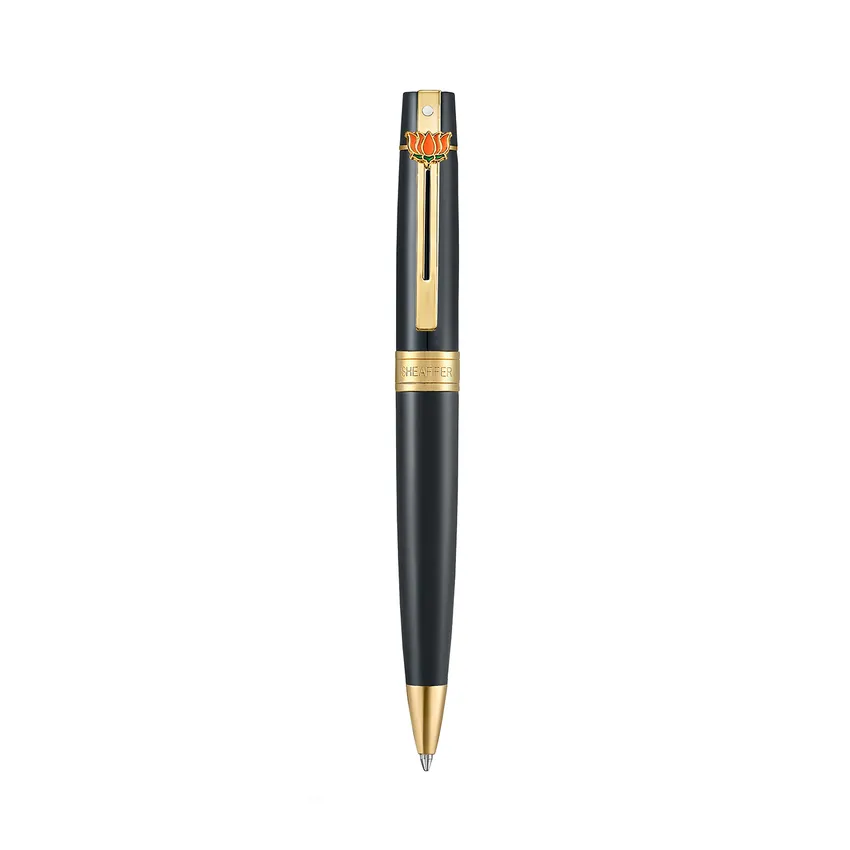 Sheaffer 300 9325 Glossy Black Ballpoint Pen With Gold Trim and Lotus Emblem