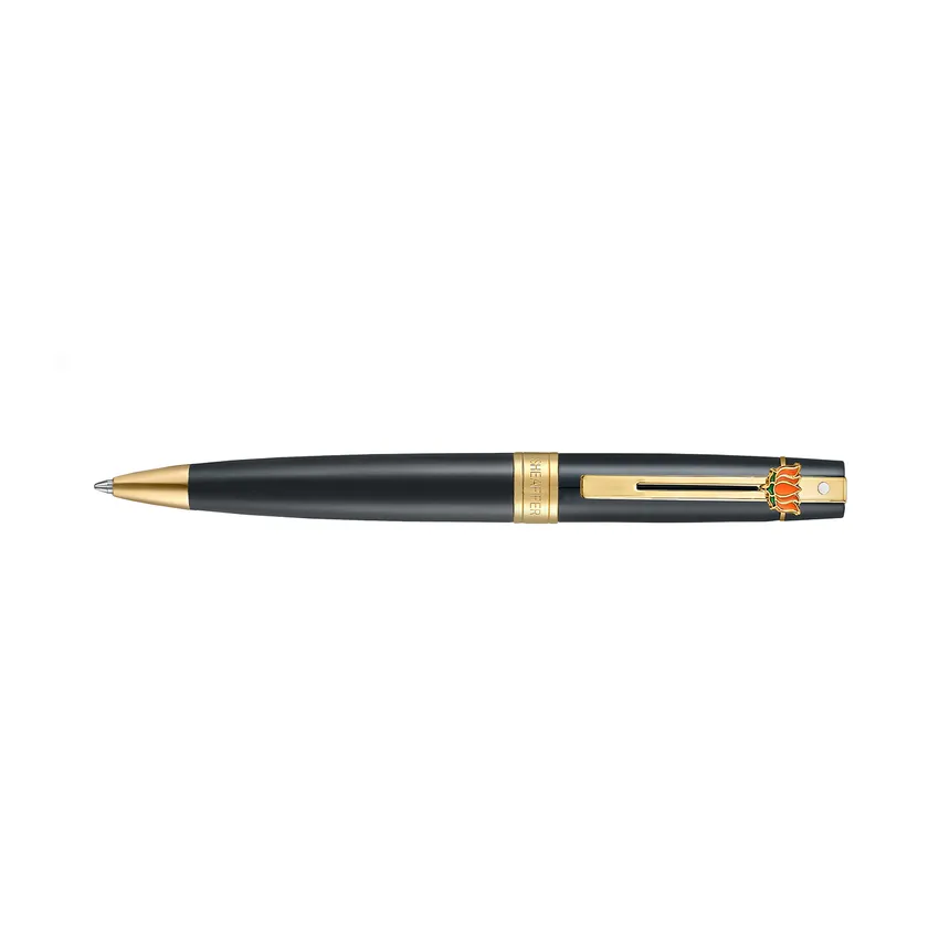 Sheaffer 300 9325 Glossy Black Ballpoint Pen With Gold Trim and Lotus Emblem