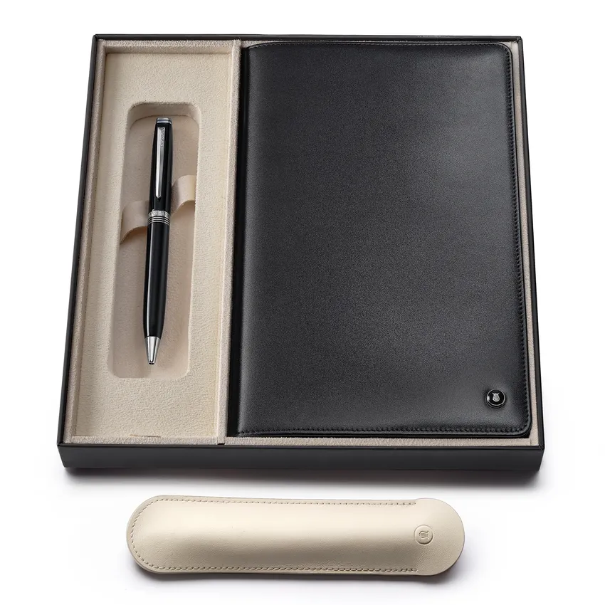 Lapis Bard Gift Set Contemporary Dark Ballpoint Pen and Mayfair Leather Notebook Jacket - Black with chrome trims