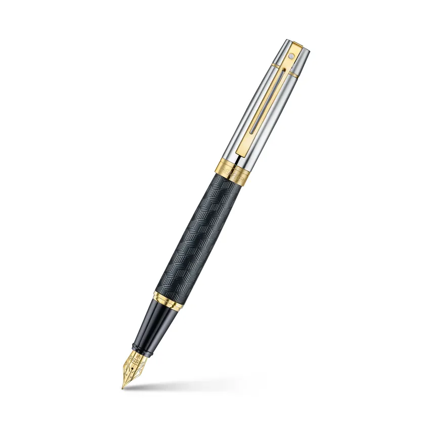 Sheaffer 300 9347 Engraved Black Fountain Pen with Chrome Cap and Gold Trims - Medium