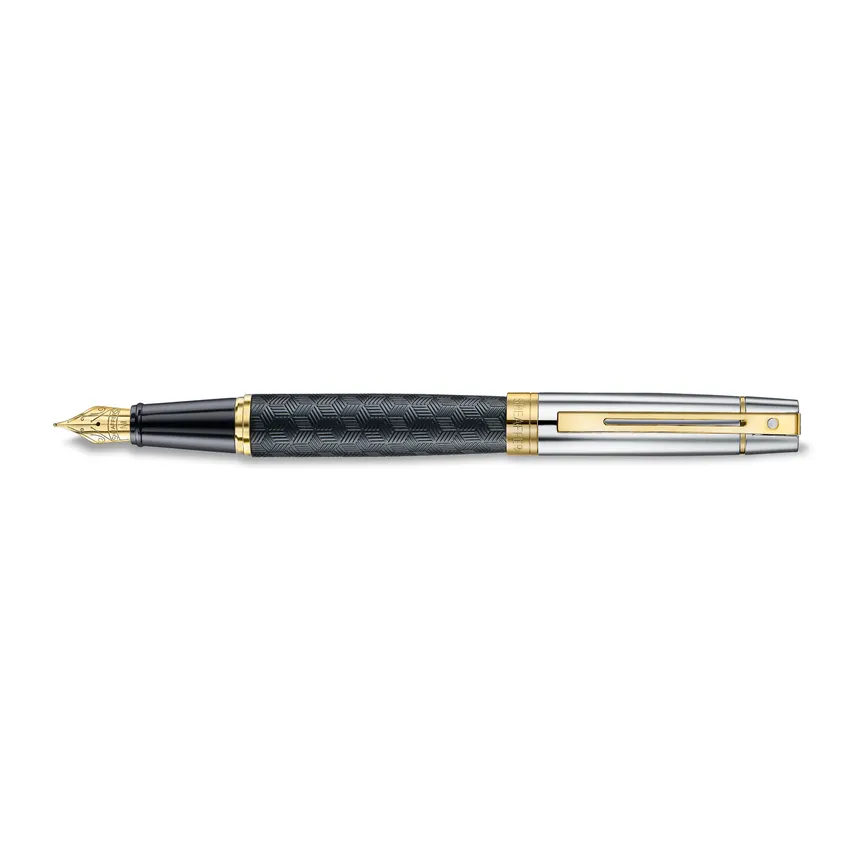 Sheaffer 300 9347 Engraved Black Fountain Pen with Chrome Cap and Gold Trims - Medium