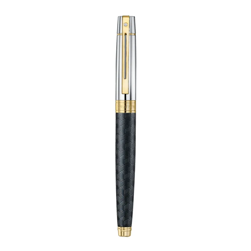 Sheaffer 300 9347 Engraved Black Fountain Pen with Chrome Cap and Gold Trims - Medium