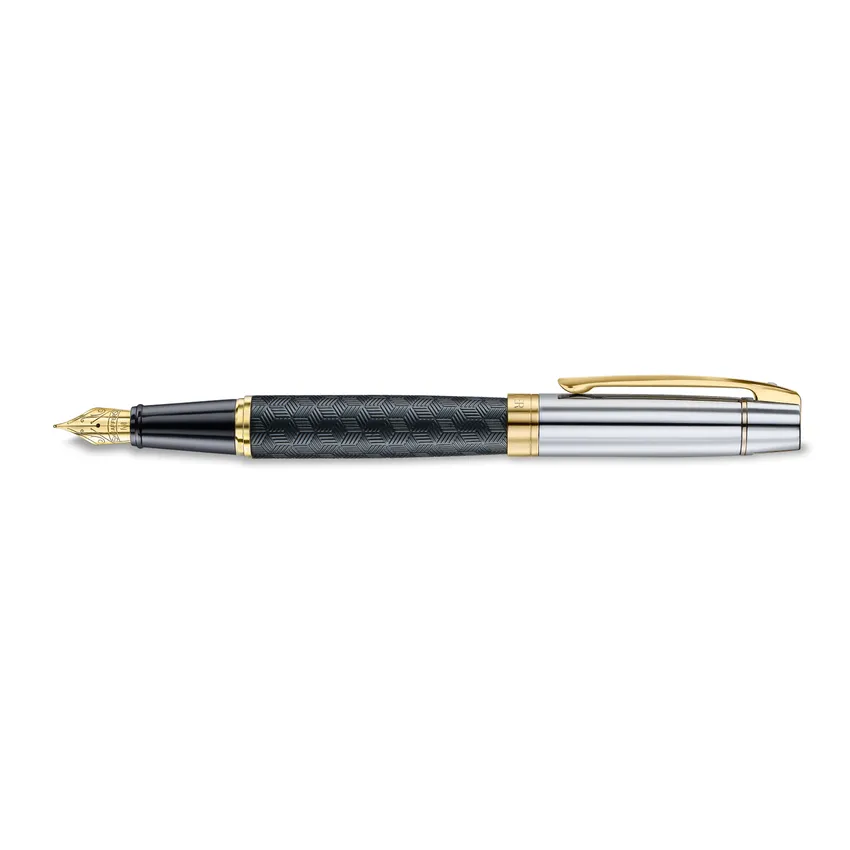 Sheaffer 300 9347 Engraved Black Fountain Pen with Chrome Cap and Gold Trims - Medium