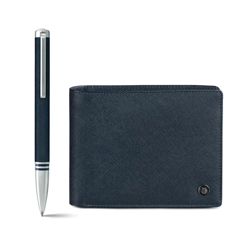 Lapis Bard Gift Set Torque Artis Leather Ballpoint Pen and Stanford Saffiano Blue Wallet - Navy with Chrome Trims