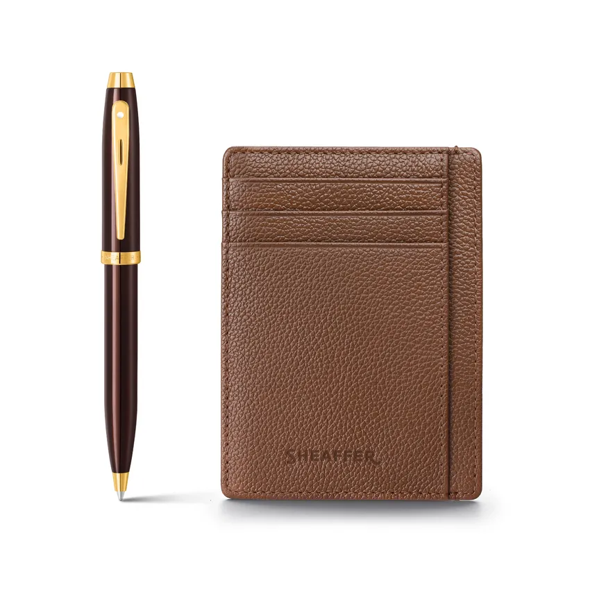 Sheaffer Gift Set Glossy Brown 100 9370 Ballpoint Pen with Rustic Mocha Credit Card Holder