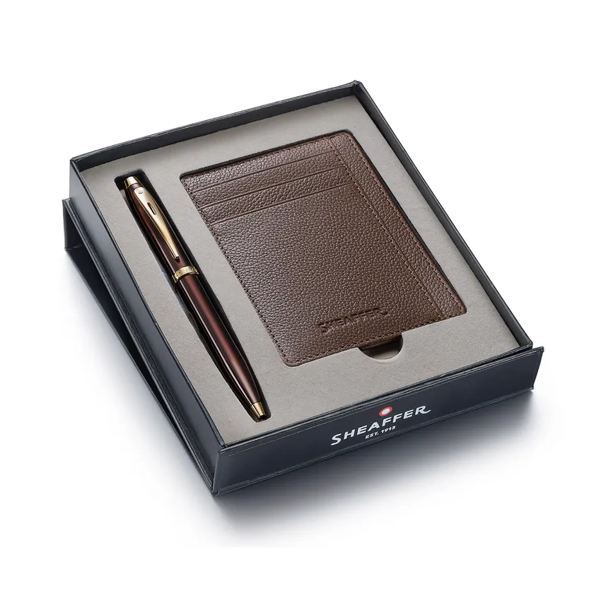 Sheaffer Gift Set Glossy Brown 100 9370 Ballpoint Pen with Rustic Mocha Credit Card Holder