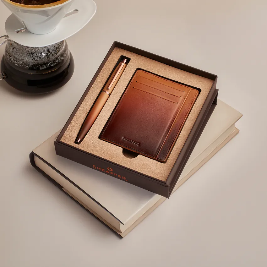Sheaffer Gift Set VFM Coffee Edition Ballpoint Pen with Credit Card Holder Matt Brown with Regal Brown PVD Trims