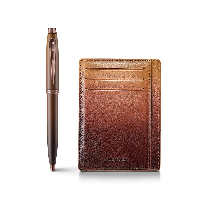 Sheaffer Gift Set 100 Coffee Ballpoint Pen with Credit Card Holder Matt Brown with Regal Brown PVD Trims