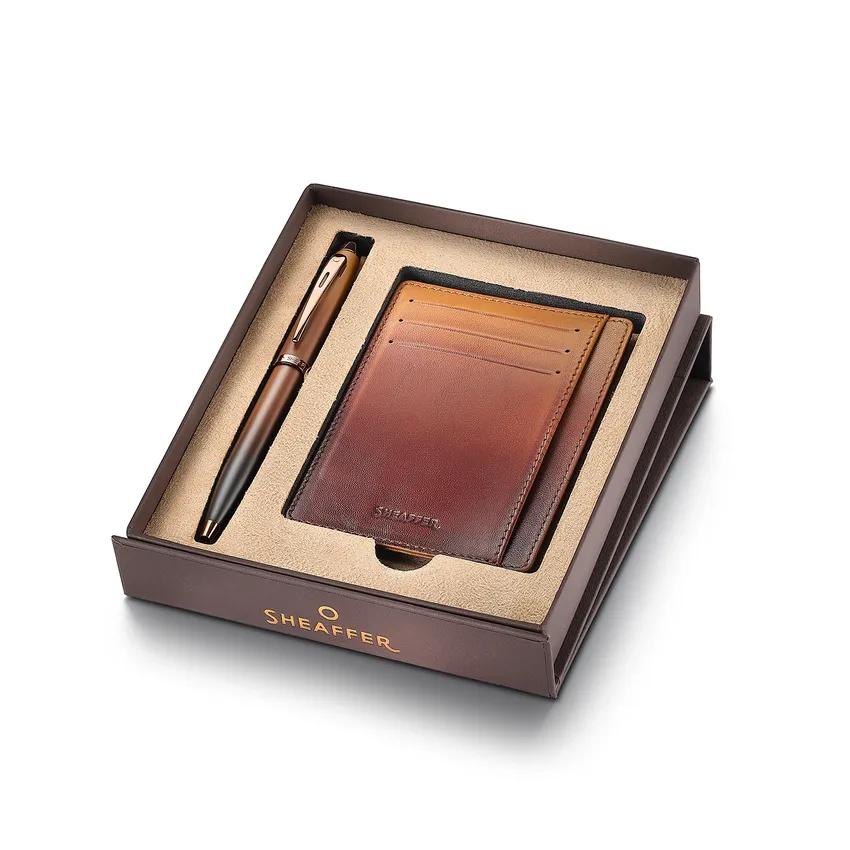 Sheaffer Gift Set 100 Coffee Ballpoint Pen with Credit Card Holder Matt Brown with Regal Brown PVD Trims