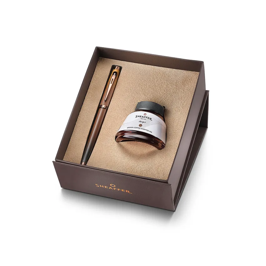 Sheaffer Gift Set 100 9374 Coffee Edition Fountain Pen (Medium) with Regal Brown PVD Trims and Coffee Scented Skrip Ink (50 ml)