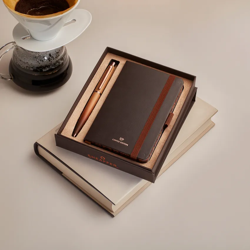 Sheaffer VFM Gift Set 9428 Coffee Edition Ballpoint Pen with Regal Brown PVD Trims and Small Notebook - Matt Brown